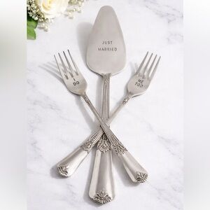 Just Married I do Me Too Silver Cake Server and Fork Set
